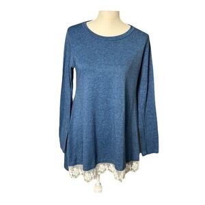 Unbranded Tunic Top Women Medium Blue Cotton Blend Lace Trim Boho Chic Casual